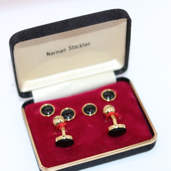 Mens Tuxedo Barbell Cufflinks and Studs Gold Filled - Picture 2 of 3